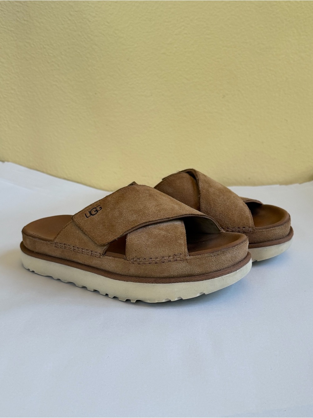 UGG Goldenstar Cross Slide Sandals Chestnut Suede Platform Women’s 9 - Picture 3 of 13